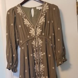 Bohme Dress Small Olive Floral Embroidered